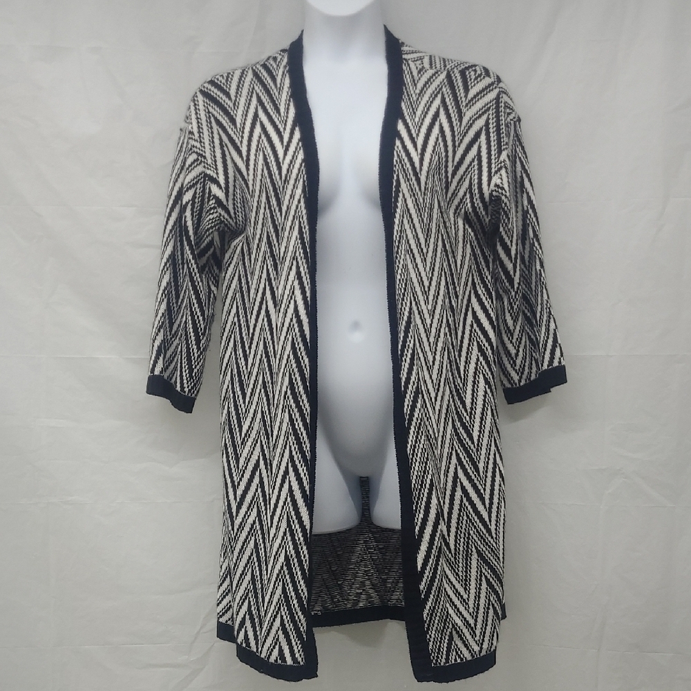 New Directions Black and White Chevron Knit Open Cardigan Midi Nordic Minimalist